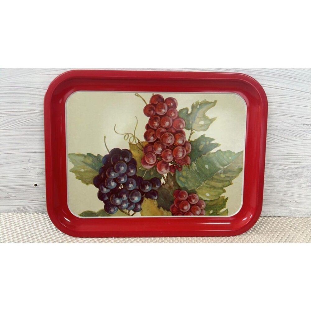 Vintage Metal Serving Tray Red and Purple Grapes Green leaves